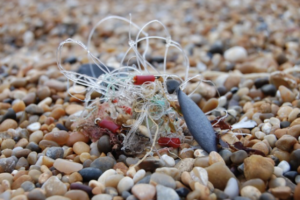 Fishing line and hooks tangled together on a rocky beach.